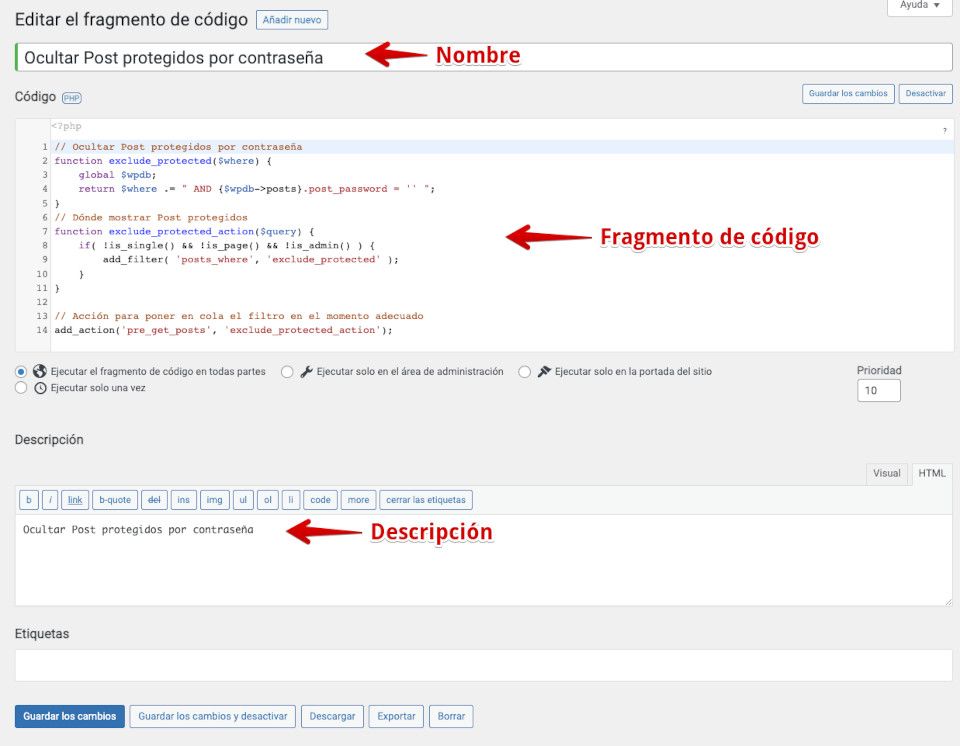 Función en el plugin Code Snippets