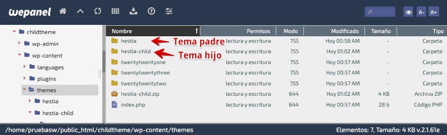 Tema padre e hijo en el Admnistrador de Archivos del panel de hosting