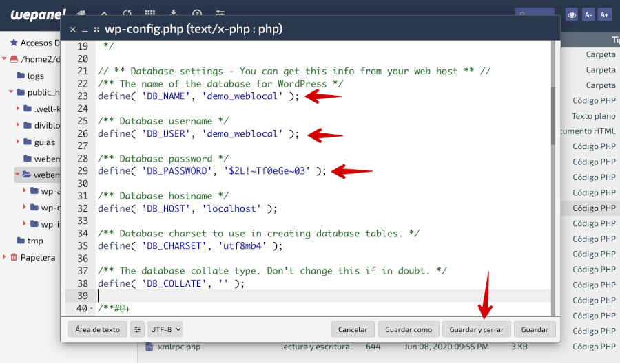 Administrador de Archivos WePanel - Editar archivo wp-config.php y añadir datos base de datos