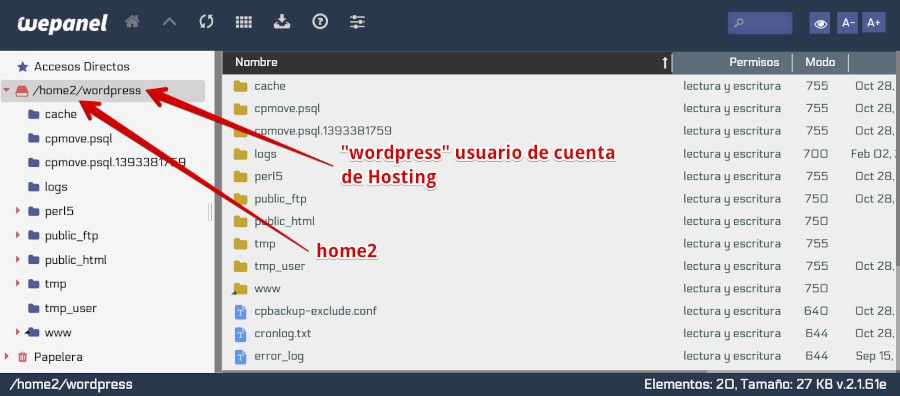 Comprobar si es home o home2 en el Administrador de Archivos de WePanel