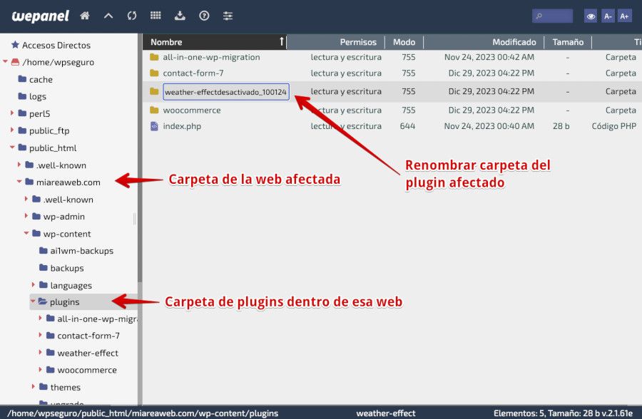 Administrador de Archivos de WePanel - Renombrar carpeta de plugin específico