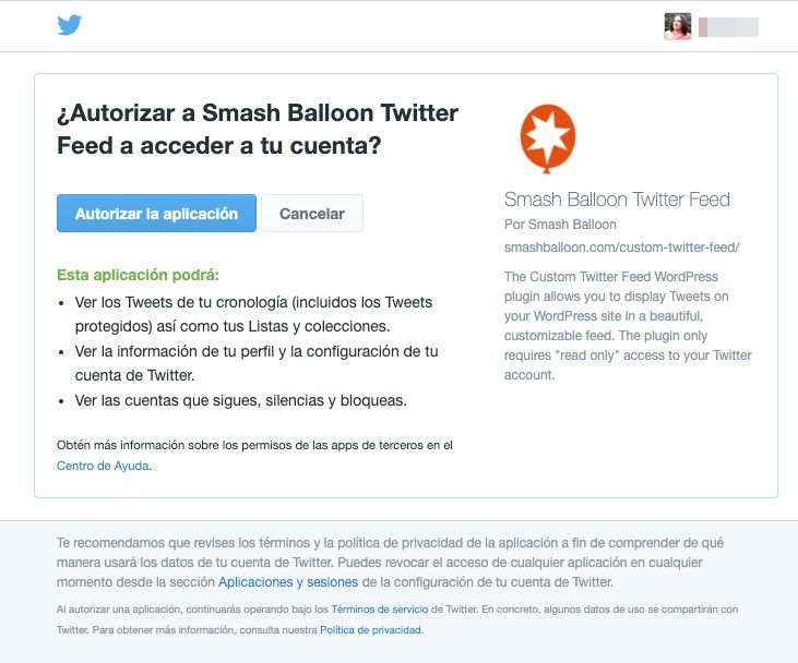 Autorizar plugin Custom Twitter Feeds con la cuenta de Twitter