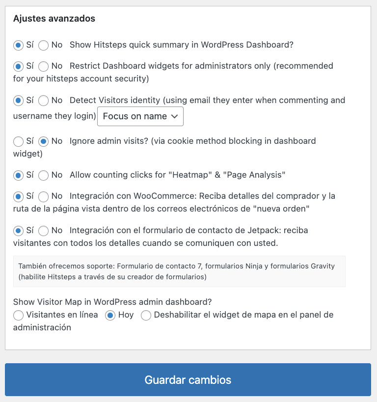 Ajustes avanzados de Hitsteps