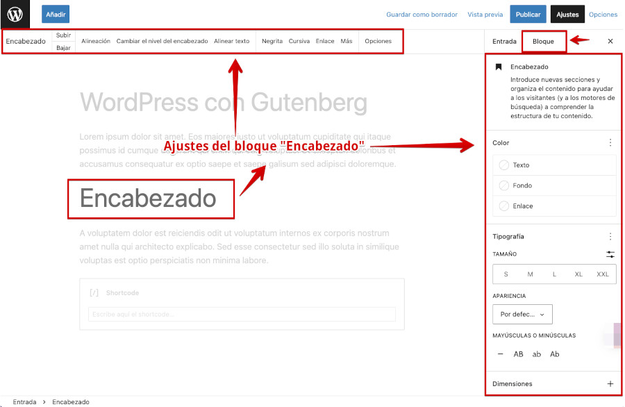 Ajustes bloque encabezado en Gutenberg