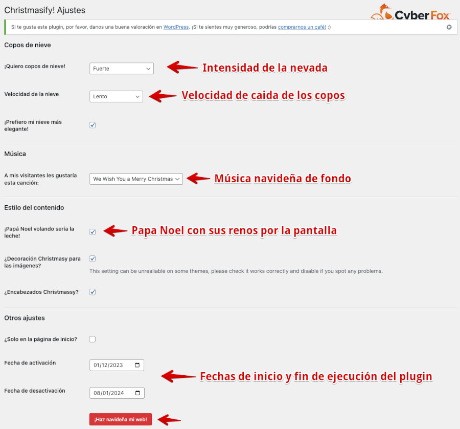 Ajustes del plugin Christmasify!