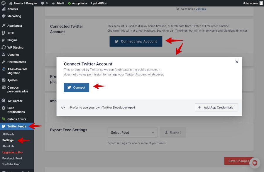 ajustes-conectar-cuenta-twitter-custom-twitter-feeds Conectar plugin Custom Twitter Feeds con la cuenta de Twitter