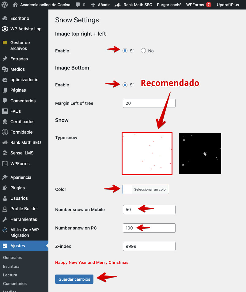 Ajustes del plugin DevVN Snow