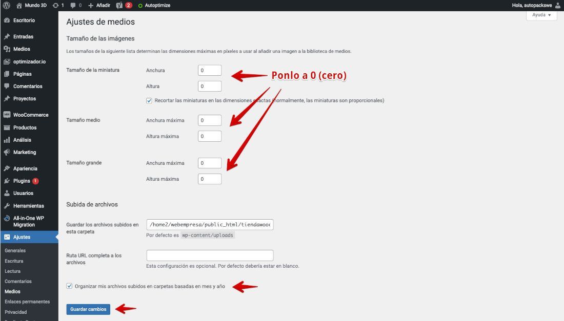 Configuración de Medios en WordPress