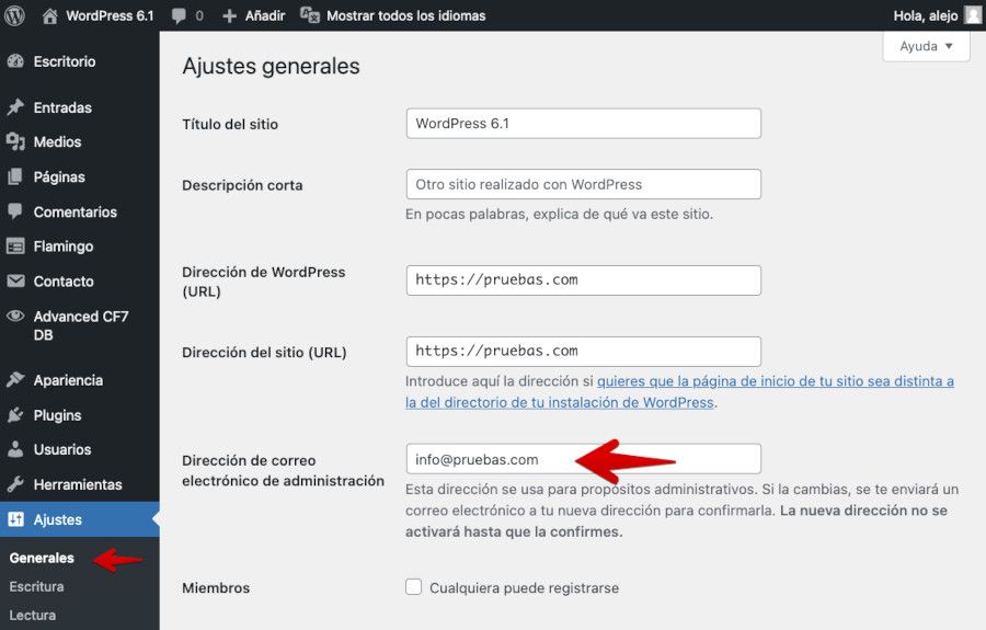 Cuenta de correo en Ajustes Generales de WordPress