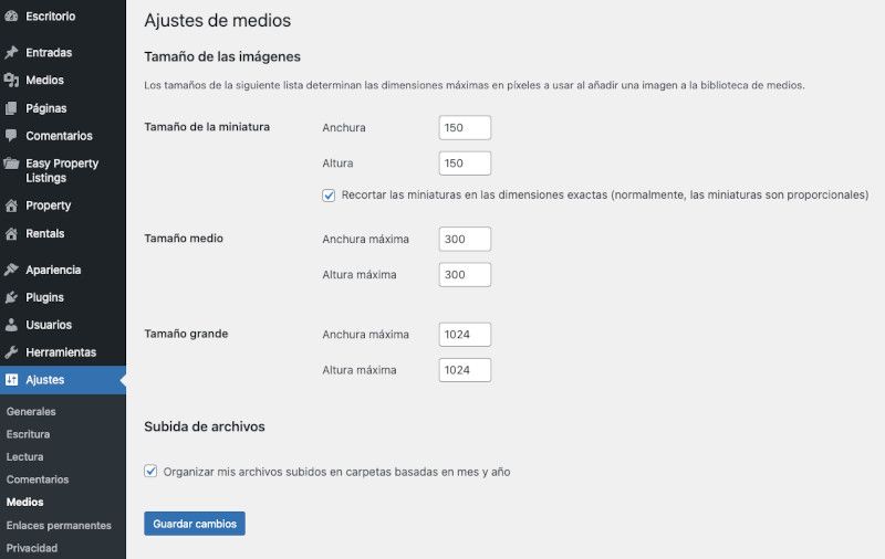 Ajustes de Medios por defecto en WordPress