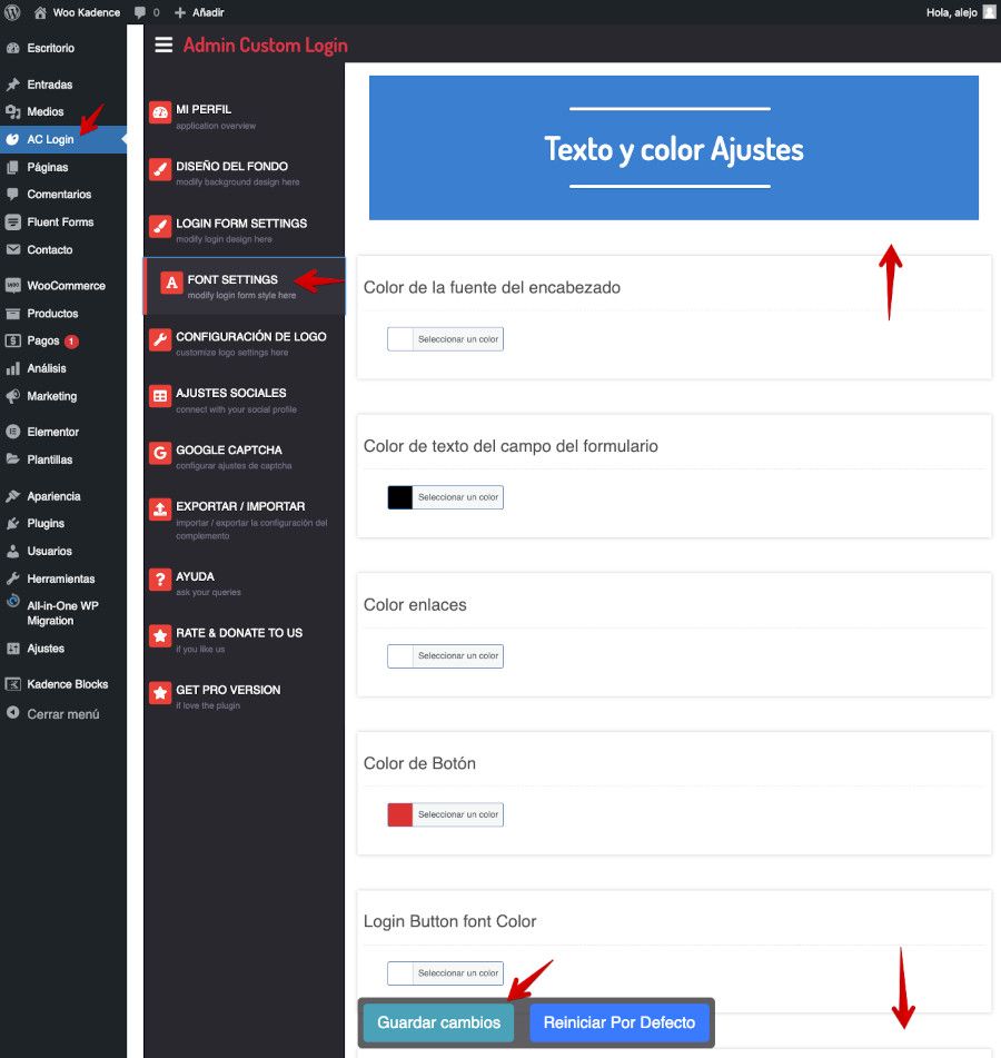 Ajustes del Plugin Admin Custom Login - Fuentes