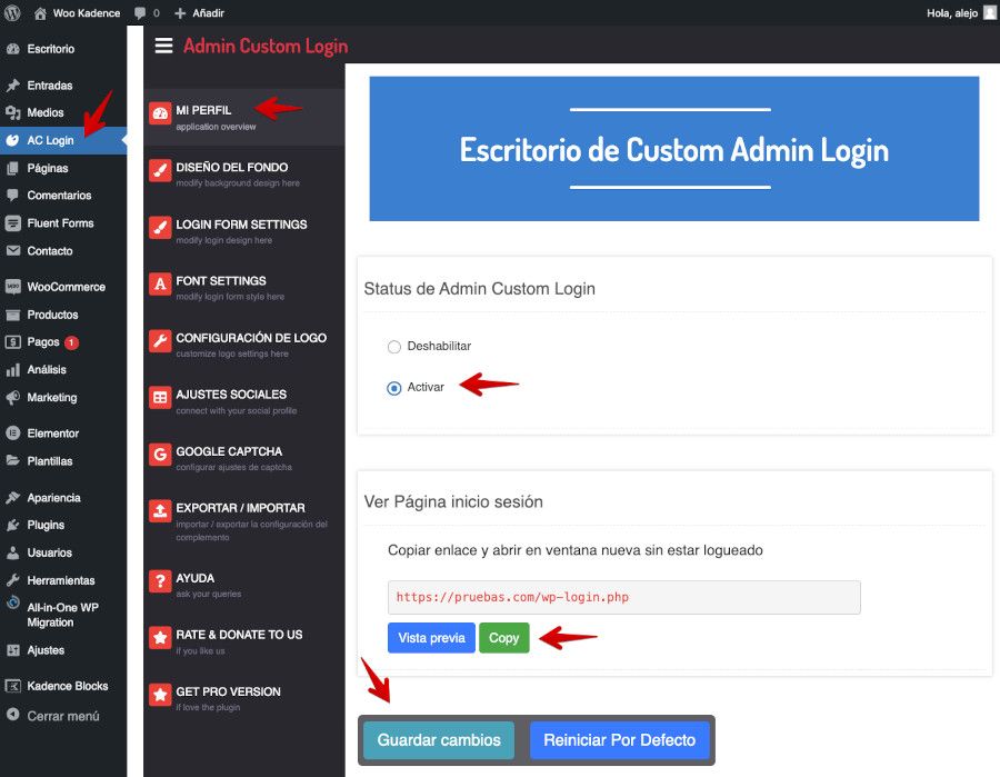 Ajustes del Plugin Admin Custom Login