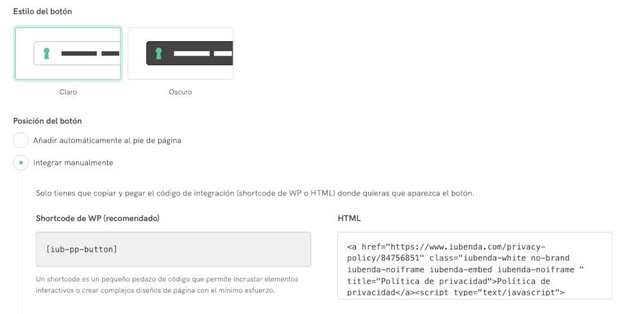 Ajustes del plugin Iubenda en WordPress - Banner de Cookies - Botón de Política de Cookies
