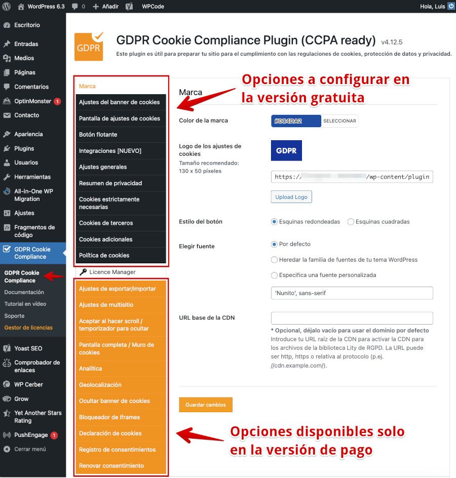 Ajustes plugin GDPR Cookie Compliance