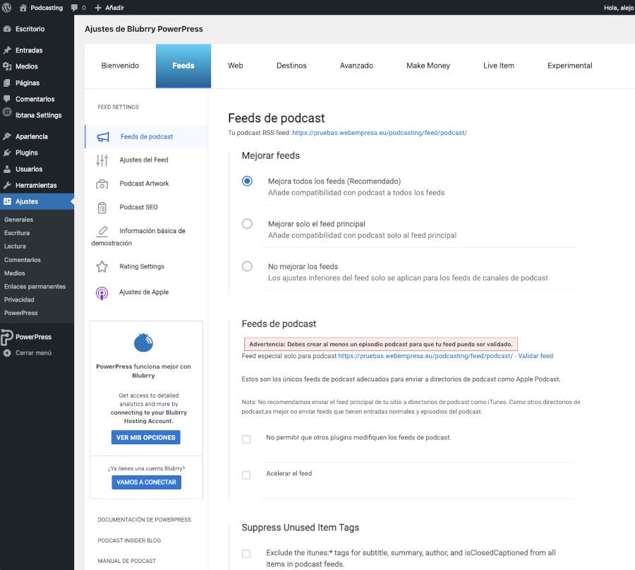 Algunos ajustes del plugin PowerPress Podcasting plugin by Blubrry