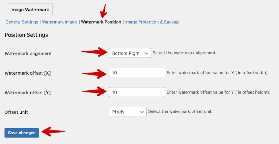 Ajustes del plugin Ultimate Watermark - Establecer posición