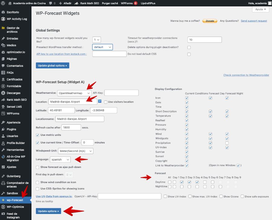 Ajustes del plugin wp-forecast