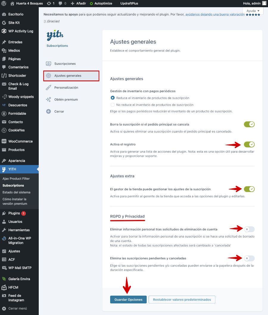 Ajustes del plugin YITH WooCommerce Subscription