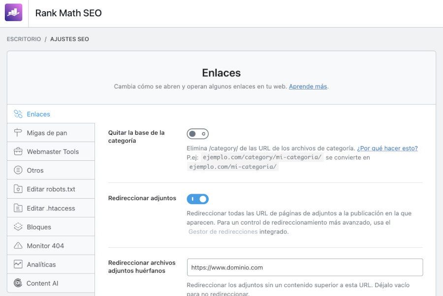 Ajustes de SEO de Rank Math