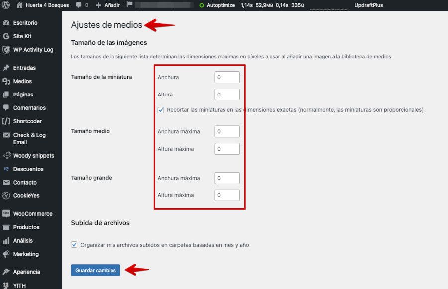 Ajustes de tamaños de imágenes en Medios