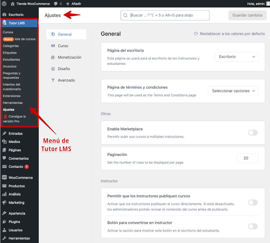 Ajustes del plugin Tutor LMS