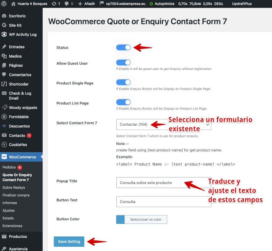Ajustes del plugin WooCommerce Quote or Enquiry Contact Form 7