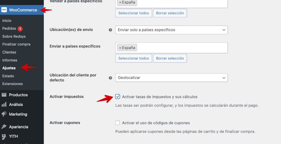 Activar impuestos en ajustes generales de WooCommerce