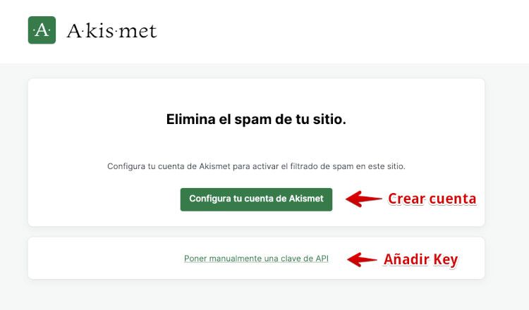 Crear cuenta en Akismet o añadir Key existente