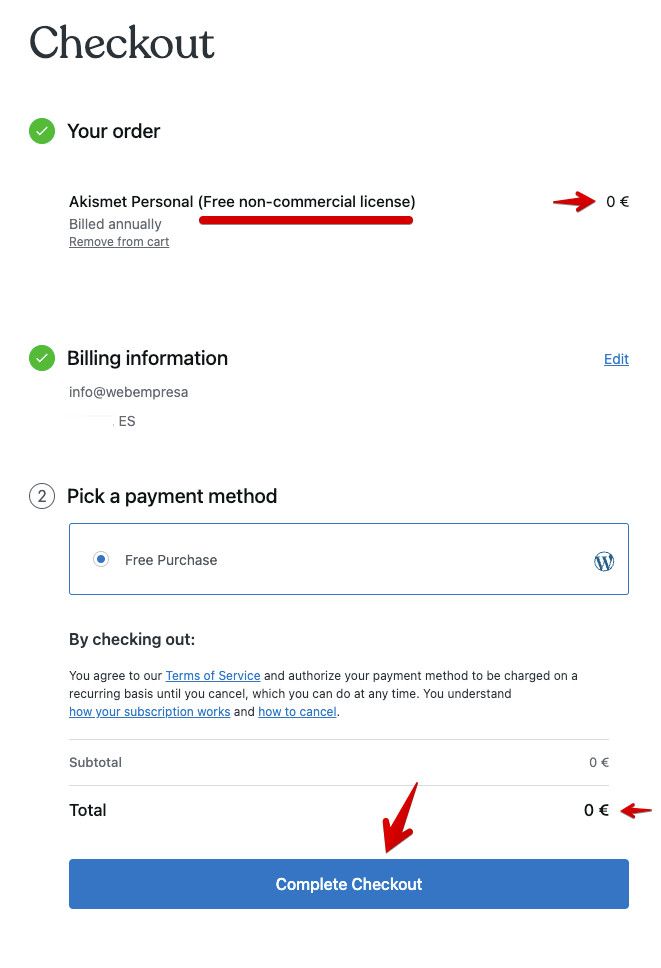 Planes de activación de cuenta en Akismet - Completar checkout