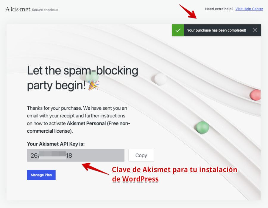 Planes de activación de cuenta en Akismet - Completado el checkout y obtención de la API Key