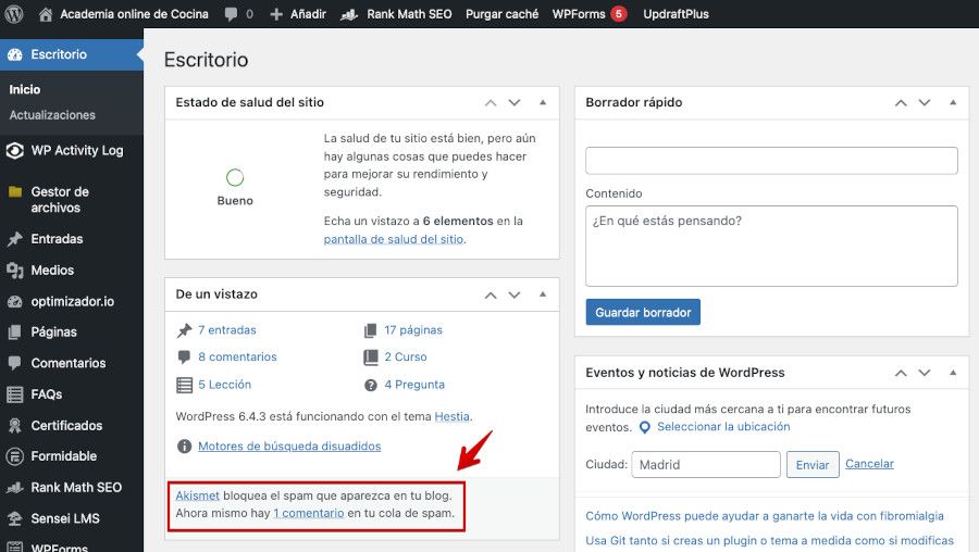 Aviso en el escritorio de WordPress de spam en cola