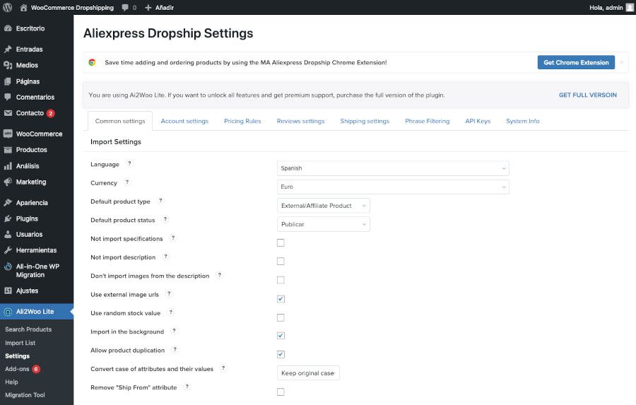 Ajustes del plugin Ali2Woo Lite