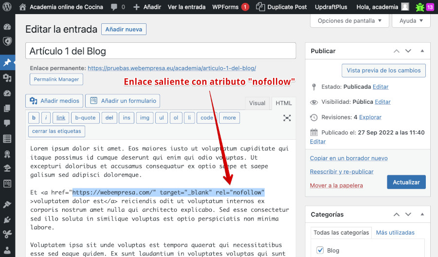 Añadir un atributo nofollow a un enlace con el editor clásico de WordPress