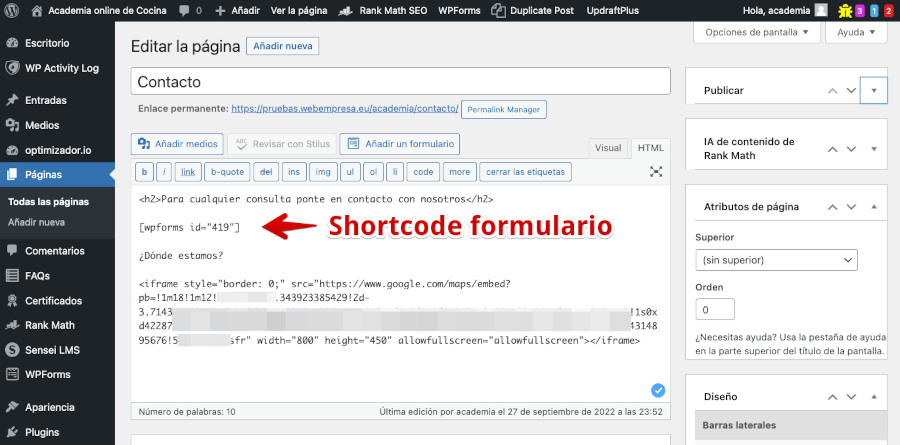 Añadir el shortcode en la página de Contacto