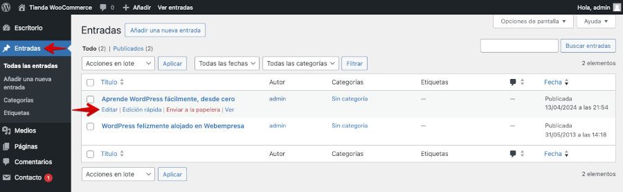 Añadir vídeos subidos en WordPress - Editar Entrada