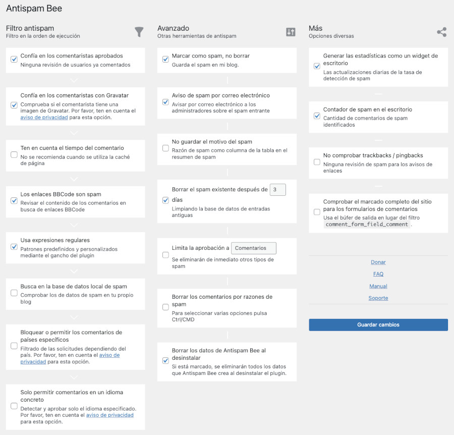 Configuraciones del plugin Antispam Bee