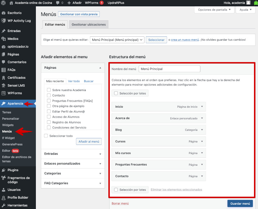 Gestión de Menús de WordPress