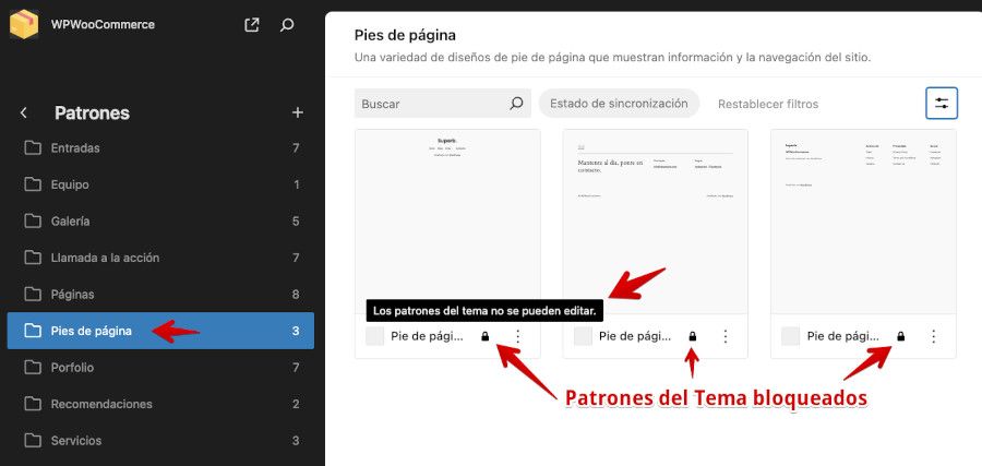 Apariencia- Temas - Personalizar footer - Patrones - Pies de página - Editar está bloqueado