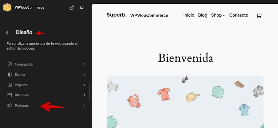 Apariencia- Temas - Personalizar footer - Patrones