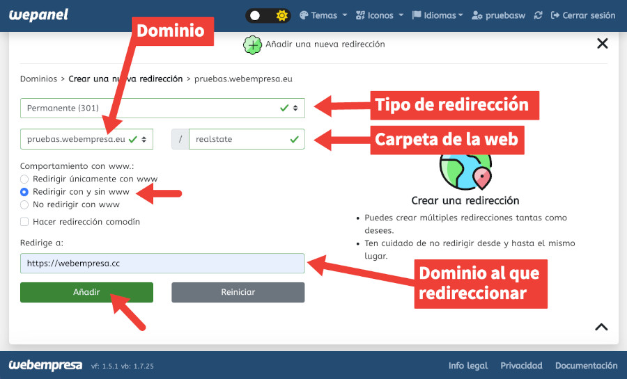 Aplicar la redirección del dominio en el Hosting anterior