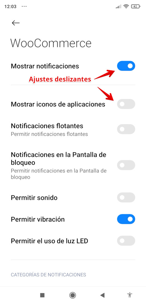 Menú Ajustes deslizantes - Notificaciones de la App WooCommerce en Android