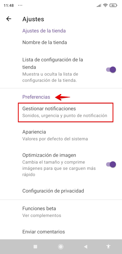Menú Ajustes - Notificaciones de la App WooCommerce en Android