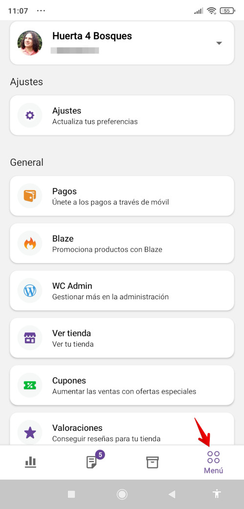 Menú Ajustes de la App WooCommerce en Android