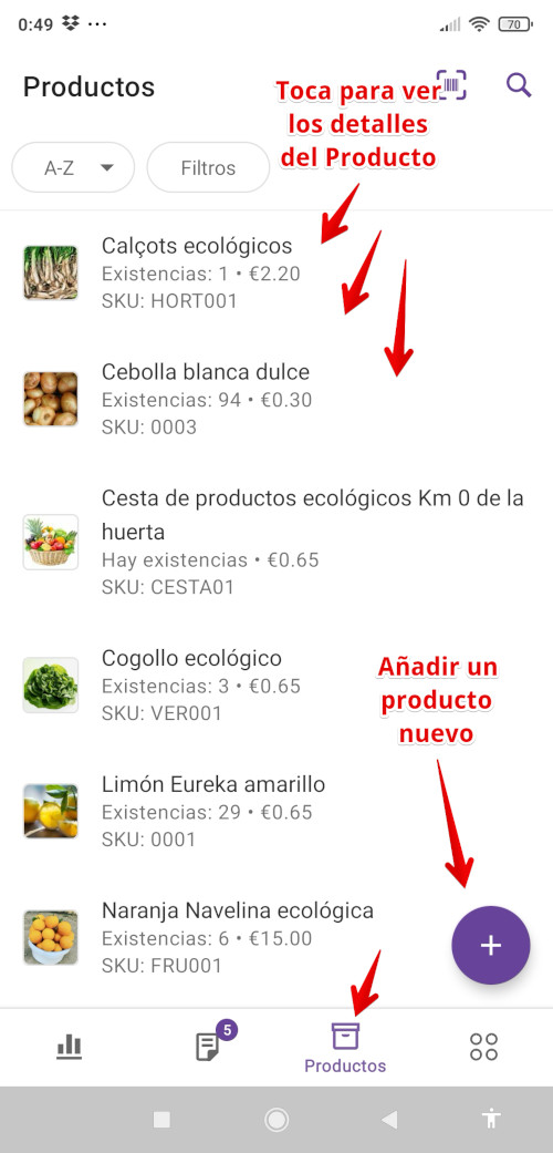 Menú Productos de la App WooCommerce en Android