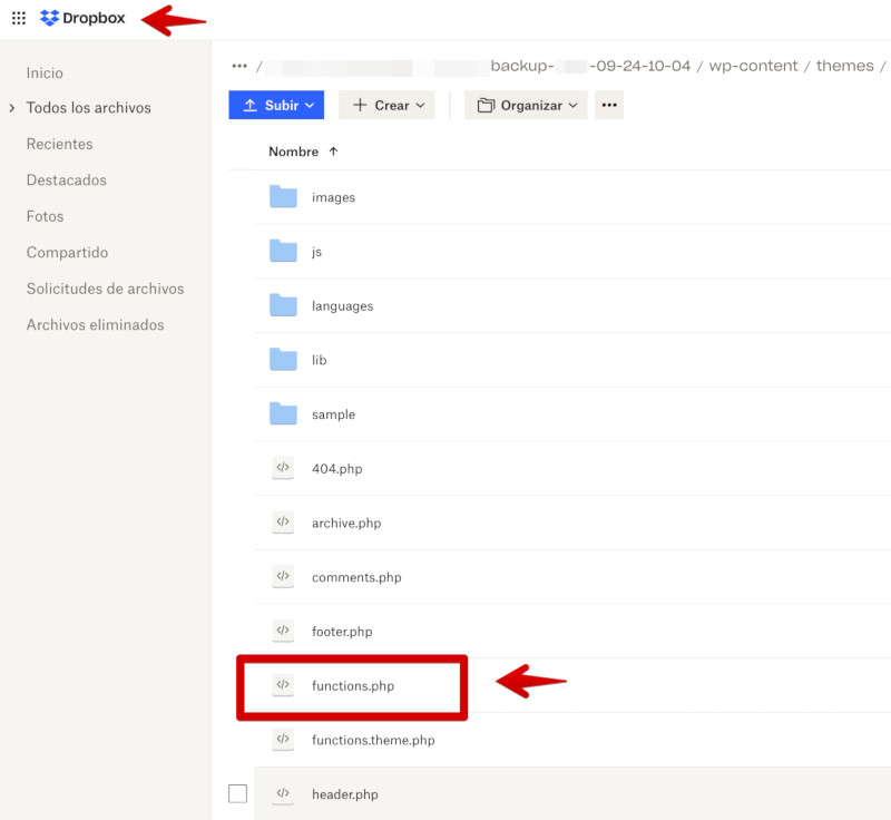 Descargar archivo functions.php de un backup en Dropbox