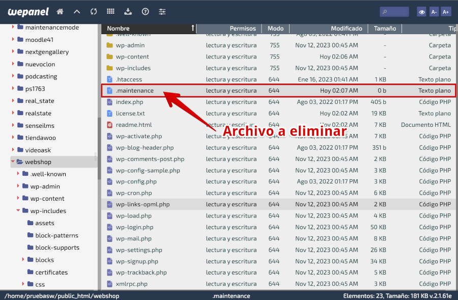 Archivo .maintenance en la carpeta de WordPress