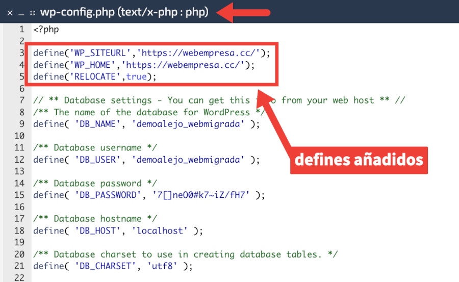 Archivo wp-config.php de WordPress con defines de ruta