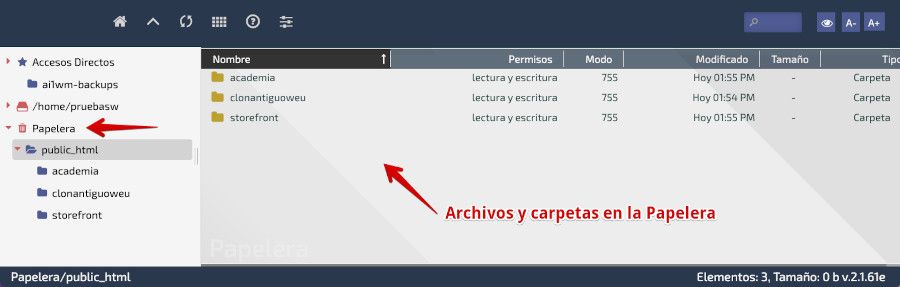 Archivos y carpetas depositados en la Papelera del Hosting