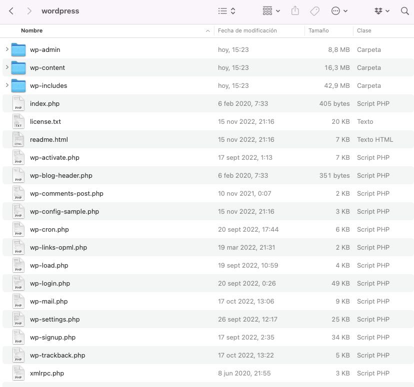 Archivos y carpetas de WordPress decomprimido en local