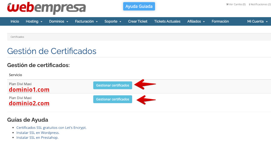 Gestionar Certificados SSL desde el Área de Cliente de Webempresa